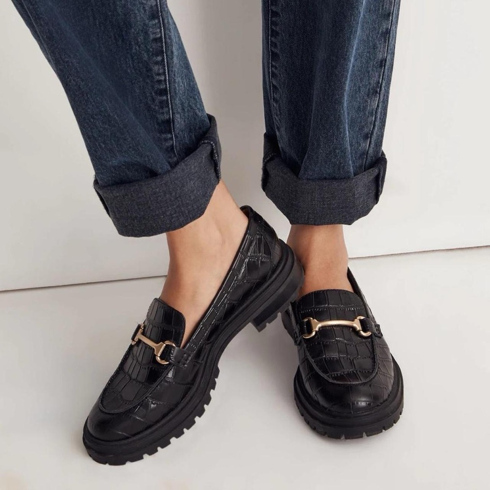 Madewell Bradley Hardware Lugsole Loafer in Black Croc Embossed Leather - 6.5